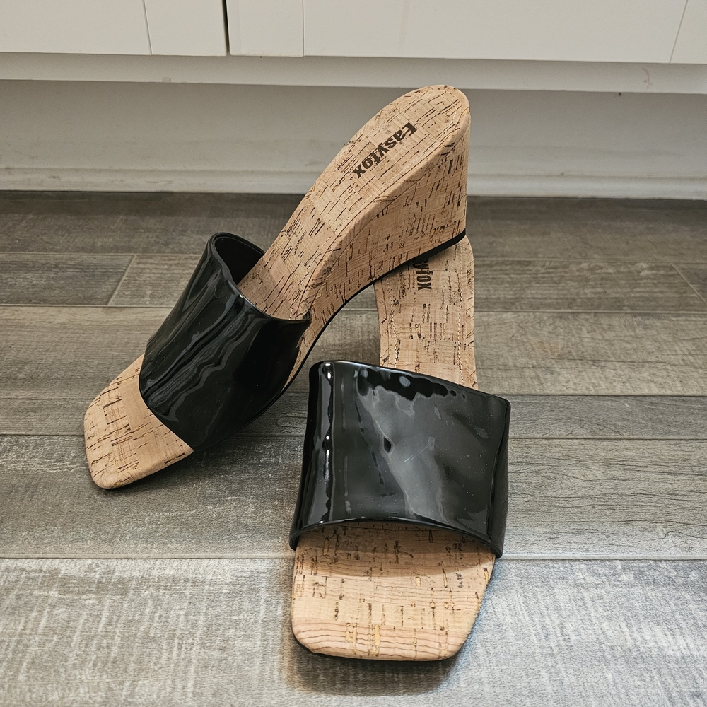 Black Faux Cork Wedge Sandals